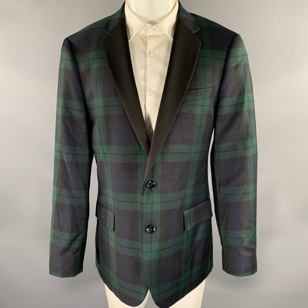 J.CREW Chest Size 42 Regular Green Navy Plaid Wool Tuxedo Sport Coat